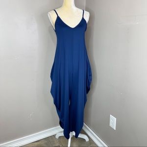 Women Jumpsuit Sz 26 S/M V Neck Blue Suspender Wide Leg Pants